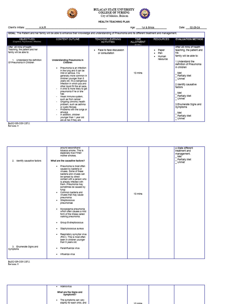 Pneumonia Health Teaching Plan for Kids | PDF