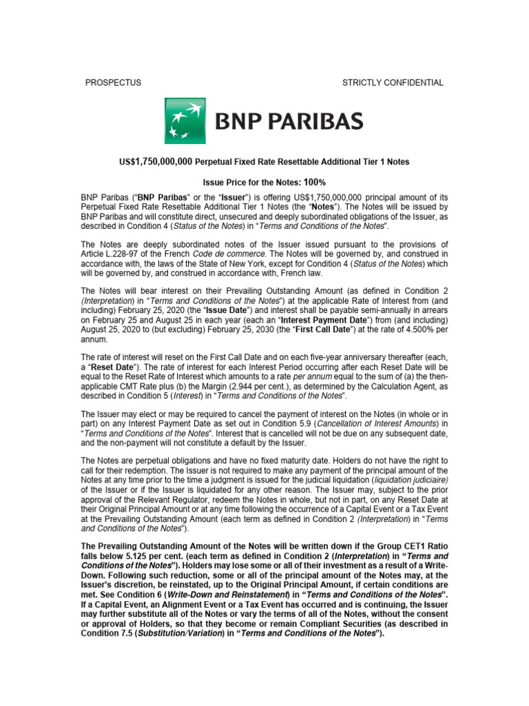 BNP Paribas AT1 Notes Prospectus | PDF | Financial Risk | Credit Risk