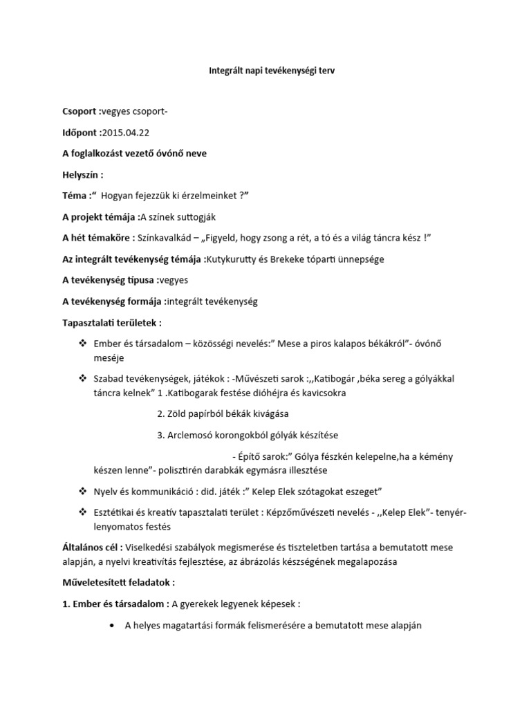 Integrált Napi Tevékenységi Terv Beka Golya | PDF