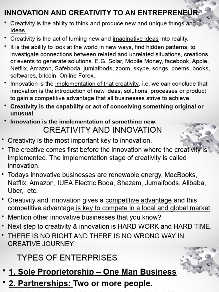Innovation As An Entrepreneur and Different Types of Enterprises and Companies PDF