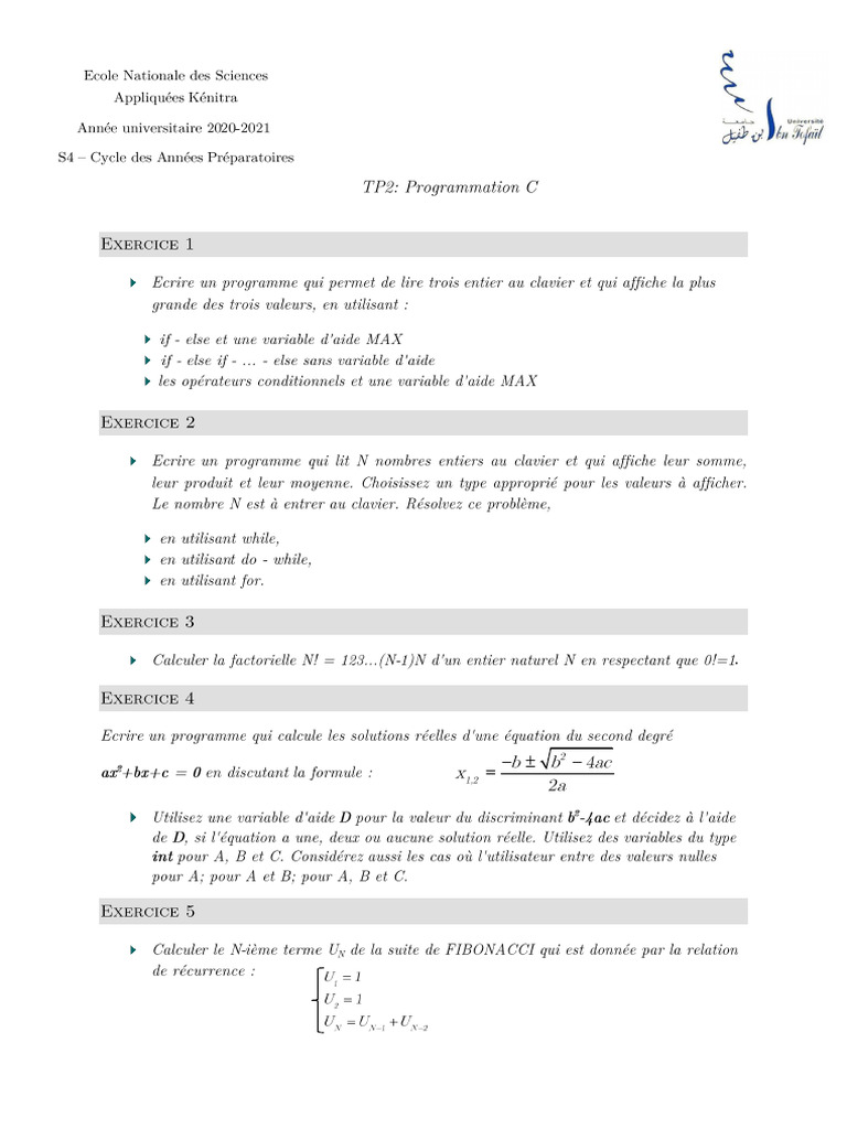 Exercices de Programmation TP2C | PDF