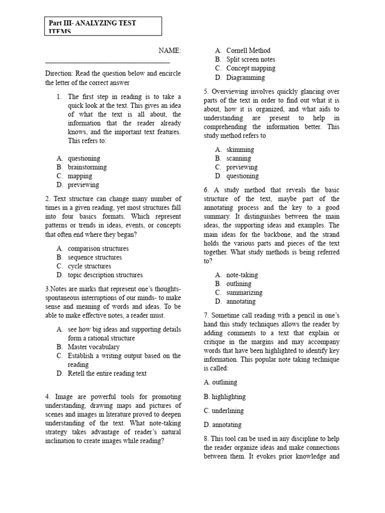 Analyzing test items pdf cognition