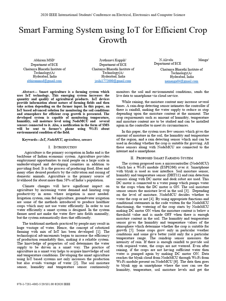 Smart Farmingsystemusing Io Tfor Efficient Crop Growth Pdf Internet