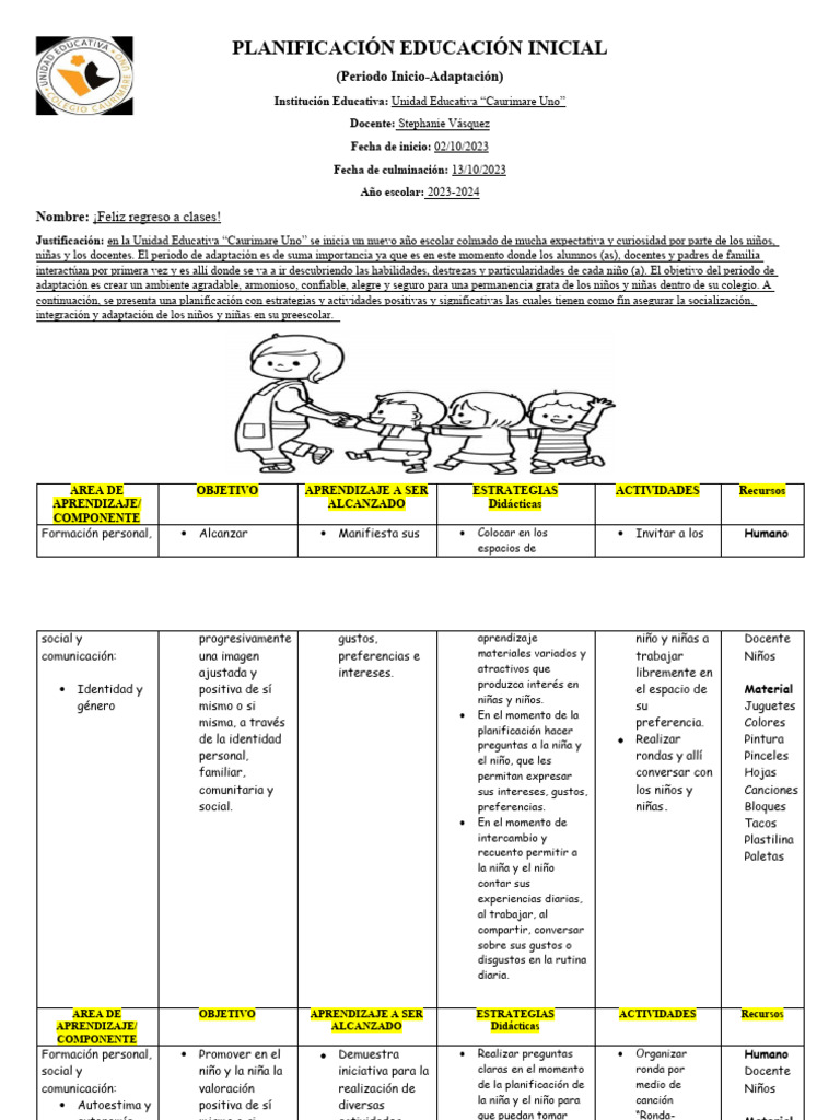 Planificación Inicial: Adaptación Escolar | PDF | Educación de la ...