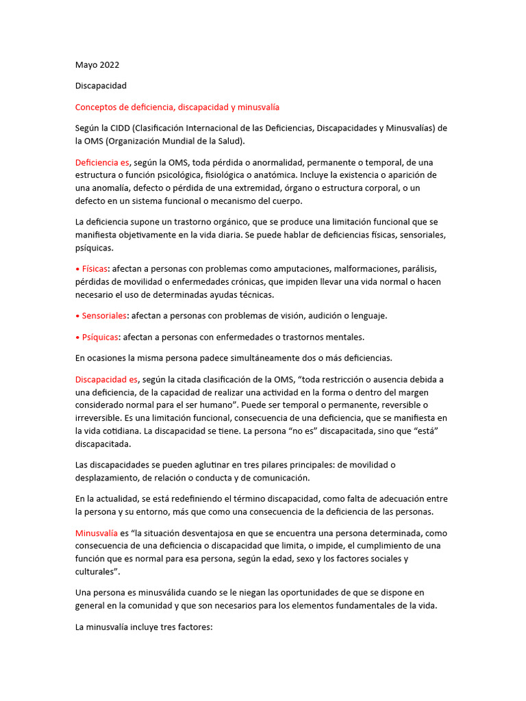 Definiciones de discapacidad y minusvalía | PDF | Invalidez | Medicina ...