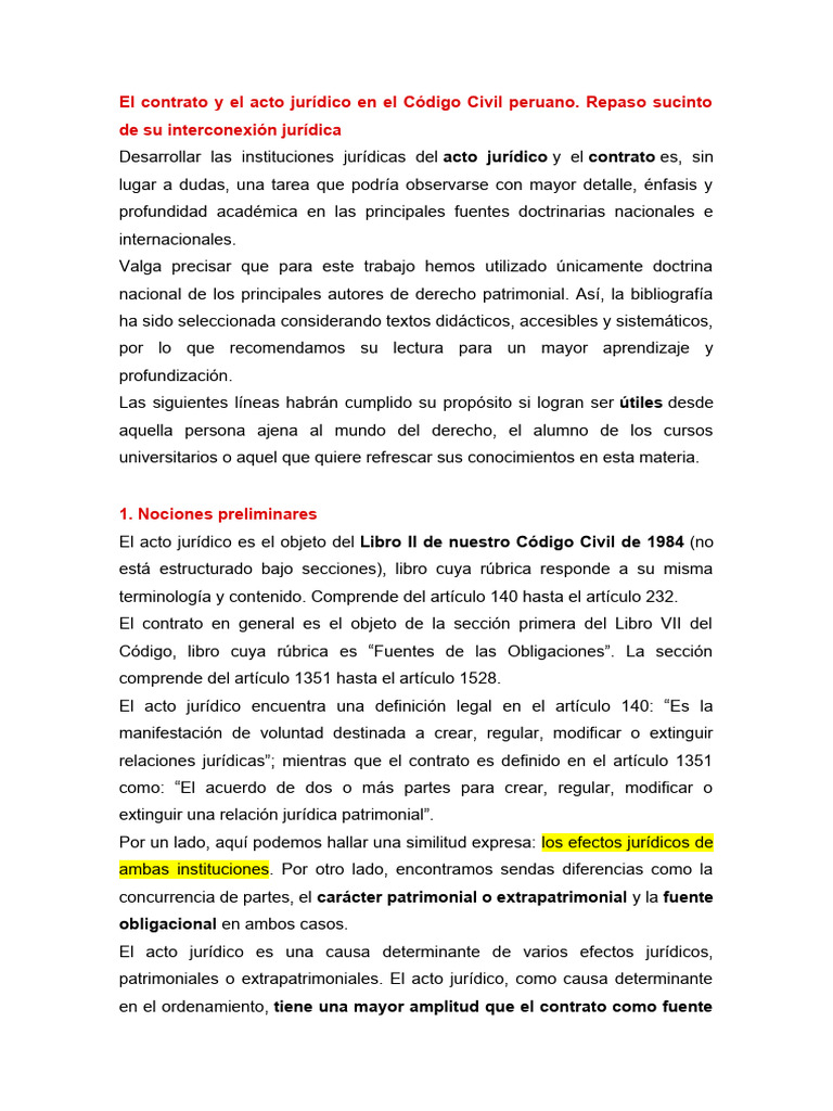 Acto Jurídico y Contrato en el Código Civil Peruano | PDF | Justicia ...