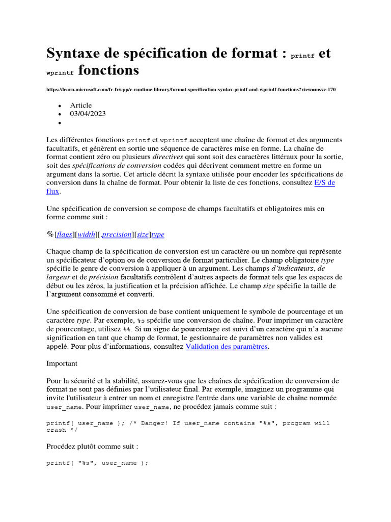 Spécification de format avec printf | PDF | Pointeur (programmation ...