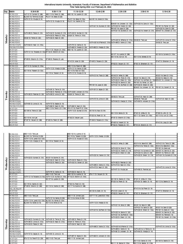 Spring 2024 Course Timetable | PDF | Statistics | Mathematical Analysis