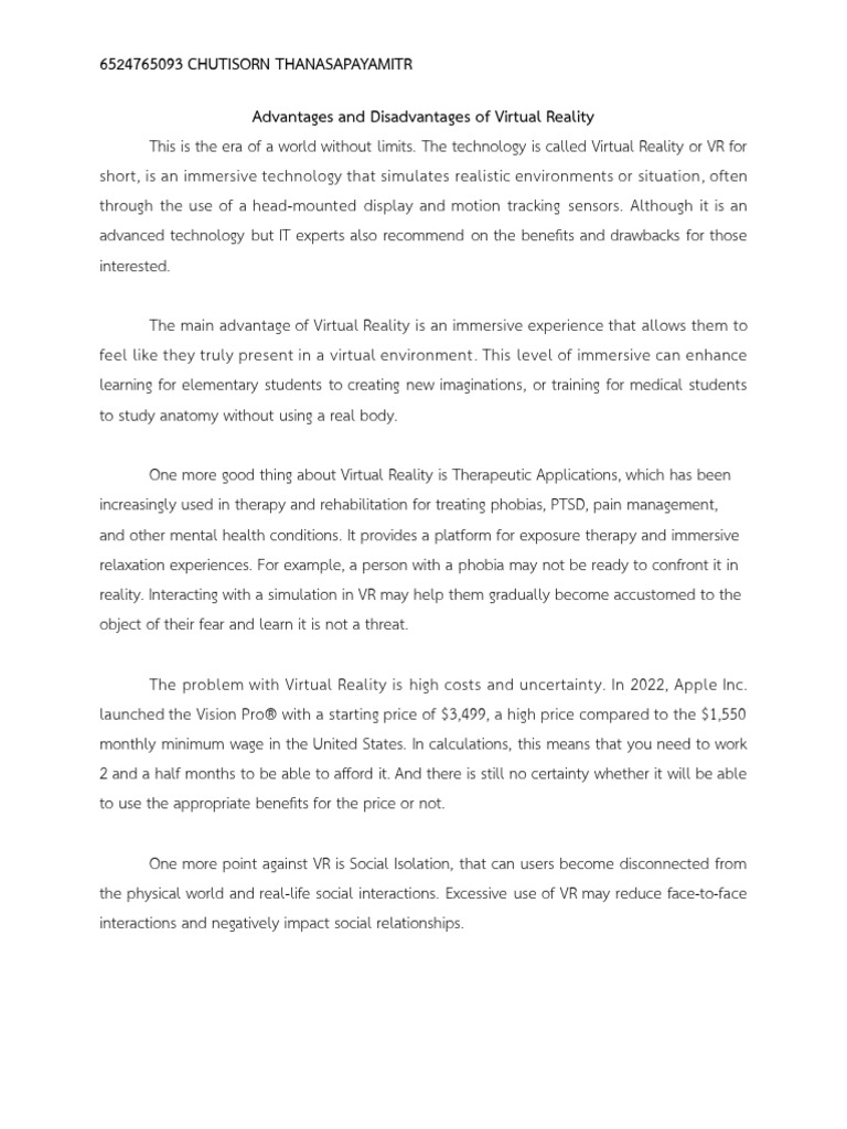 Advantages and Disadvantages of Virtual Reality PDF