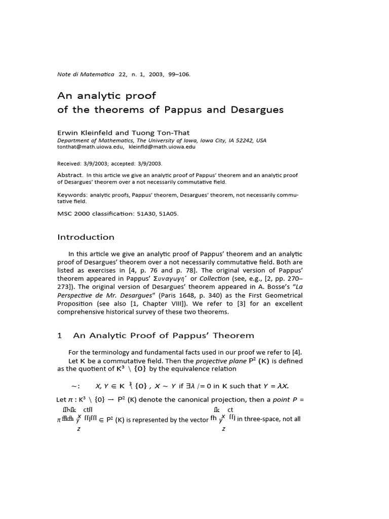 Analytic Proofs of Pappus and Desargues | PDF | Line (Geometry) | Theorem