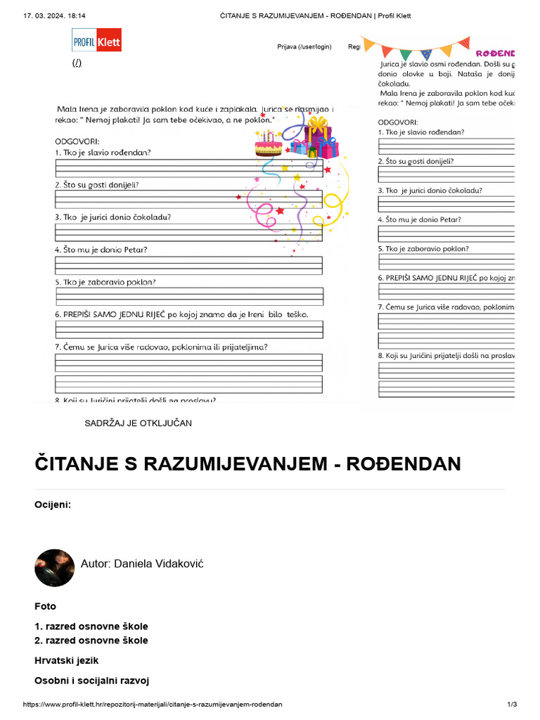Čitanje S Razumijevanjem - Rođendan - Profil Klett | PDF