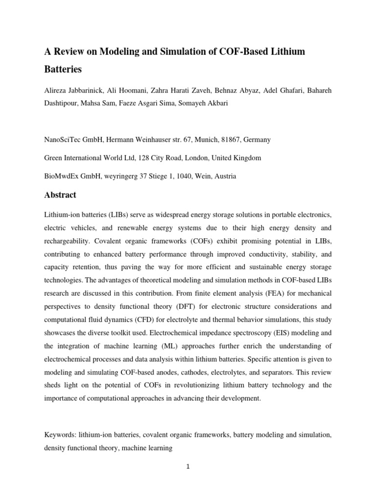 A Review On Modeling and Simulation of COF-Based Lithium Batteries ...