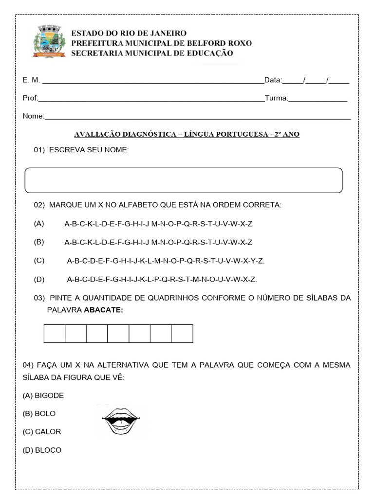 Avaliação Diagnóstica: Português 2º Ano | PDF