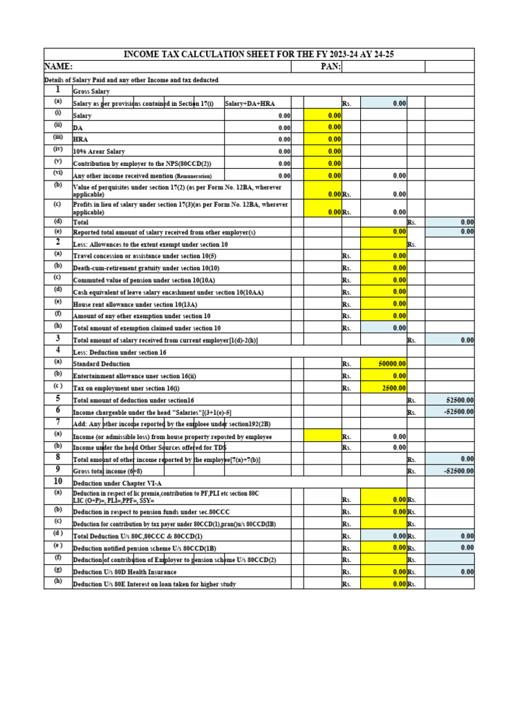 Tax Calculation Sheet FY 23-24 | PDF | Tax Deduction | Salary