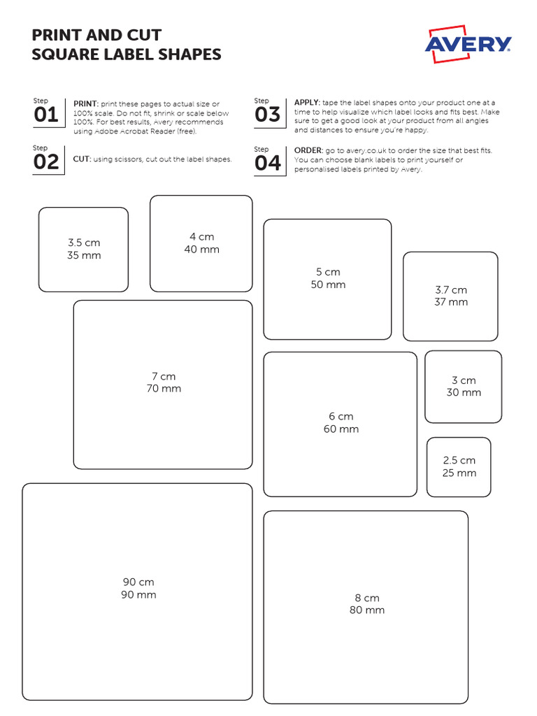 AVERY Size Guide Square Labels Rounded Corners UK PDF