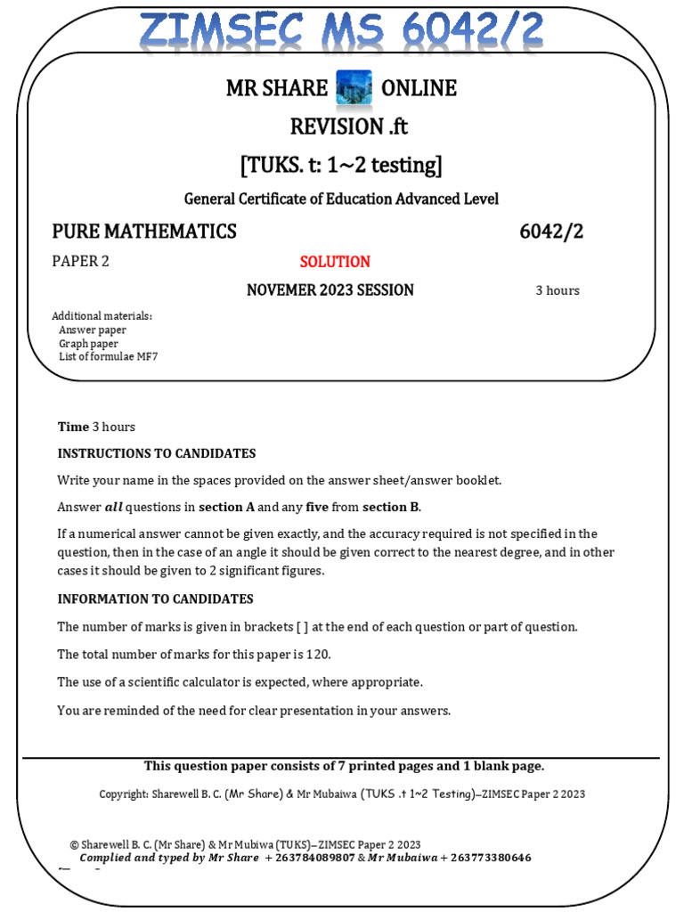 2023 MS P2 Pure Mathematics Zimsec Tuks and MR Share | PDF | Mathematics