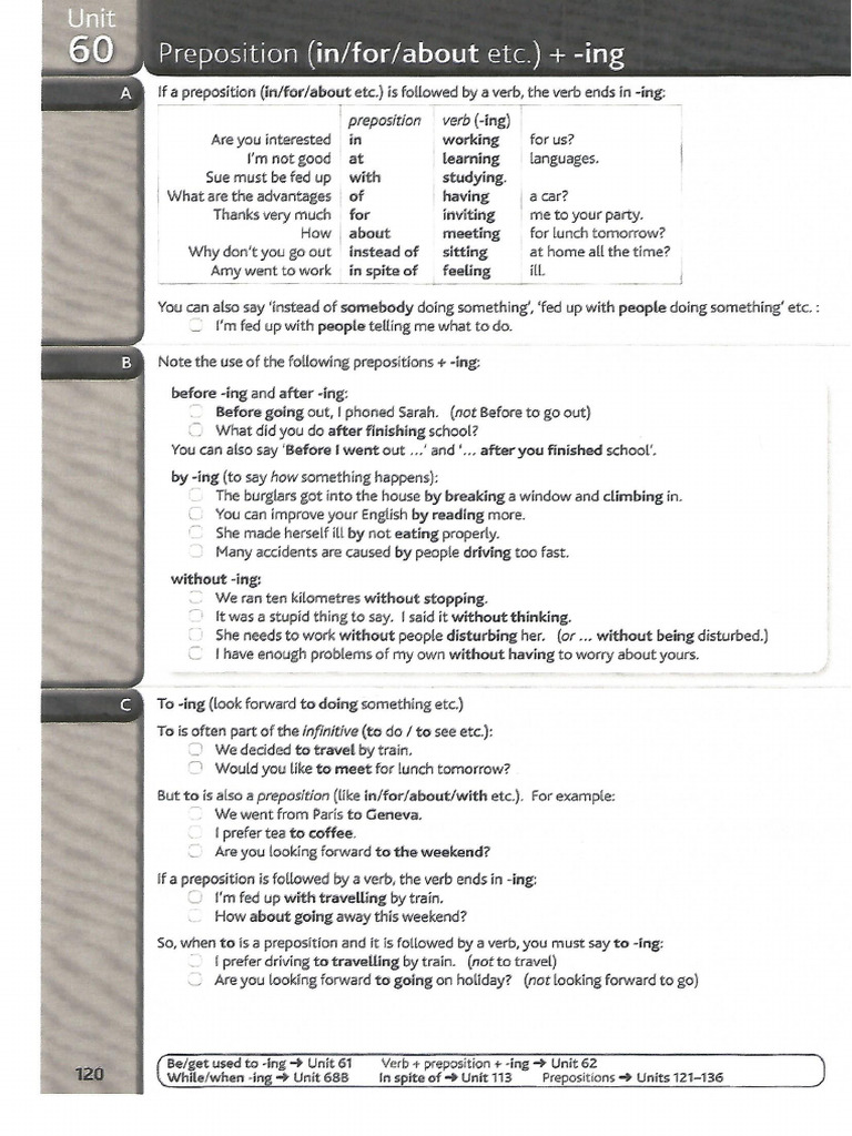 Unit 60 Explanations Preposition In, For, About + Ing | PDF