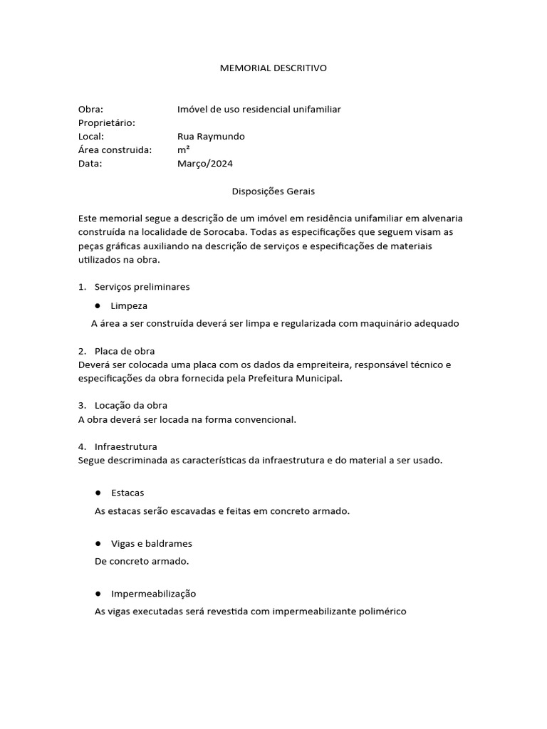 Memorial Descritivo de Residência Unifamiliar | PDF | Argamassa ...