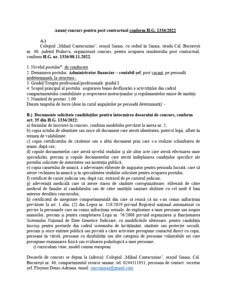 Anunț Concurs Pentru Post Contractual Conform H.G. 1336/2022 A.) | PDF