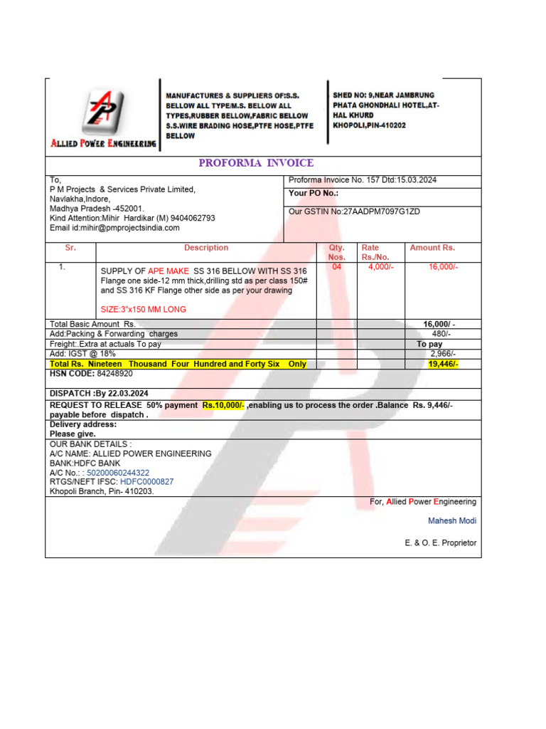 Proforma Invoice for PM Projects | PDF