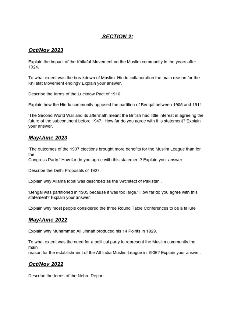 SECTION 2 Question Bank. | PDF | All India Muslim League | Partition Of ...
