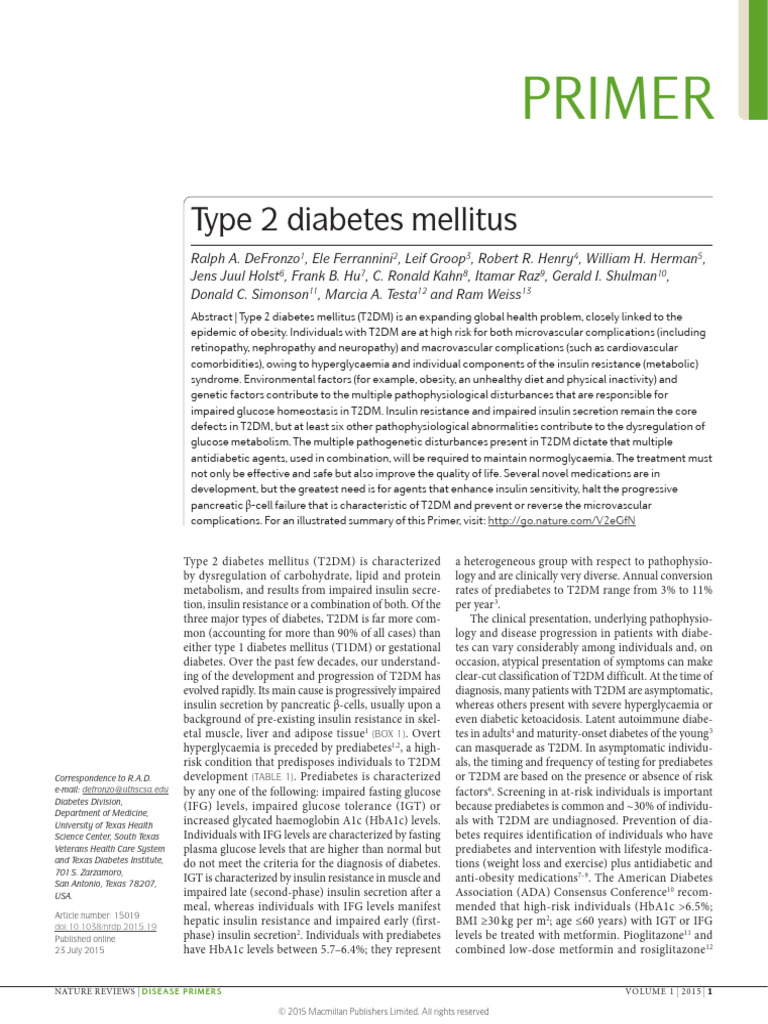 Defronzo Diabetes Primer Nature | PDF