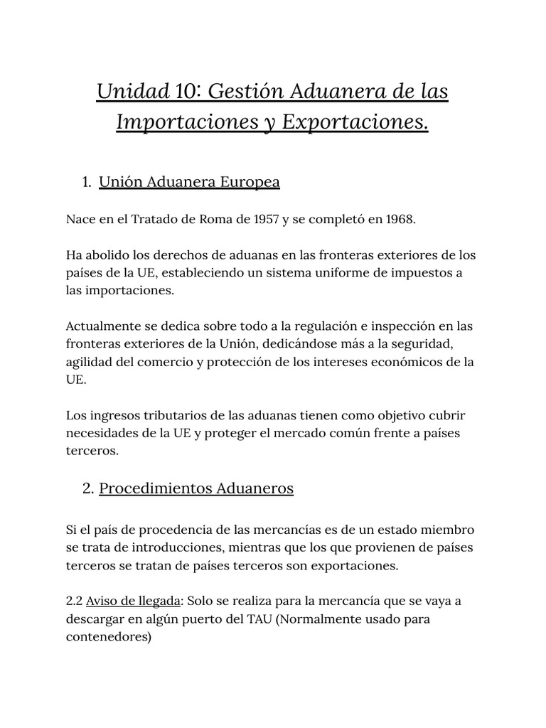 Unidad 10 Gestión Aduanera De Las Importaciones Y Exportaciones Pdf
