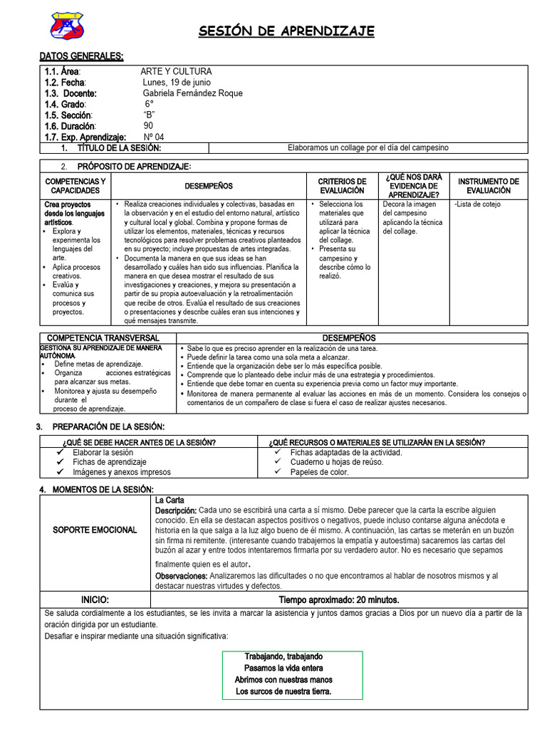 19-06 Sesion de Arte y Cultura | PDF | Aprendizaje | Evaluación