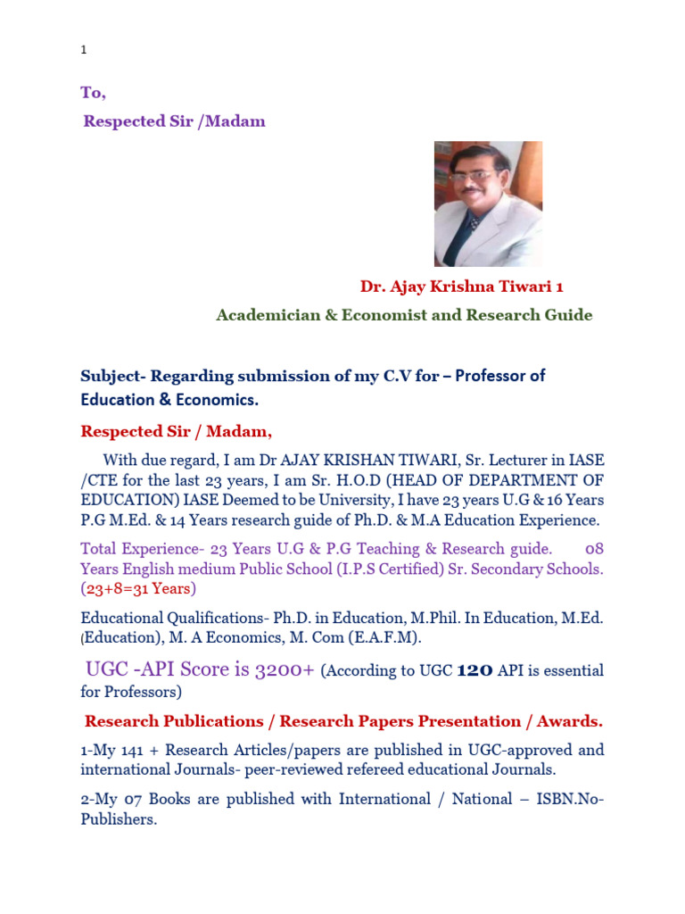 C.V of Dr. A K Tiwari. | PDF | Doctor Of Philosophy | Academia