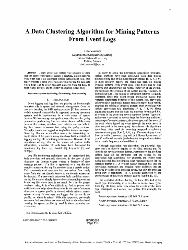 SLCT A Data Clustering Algorithm For Mining Patterns From Event Logs ...