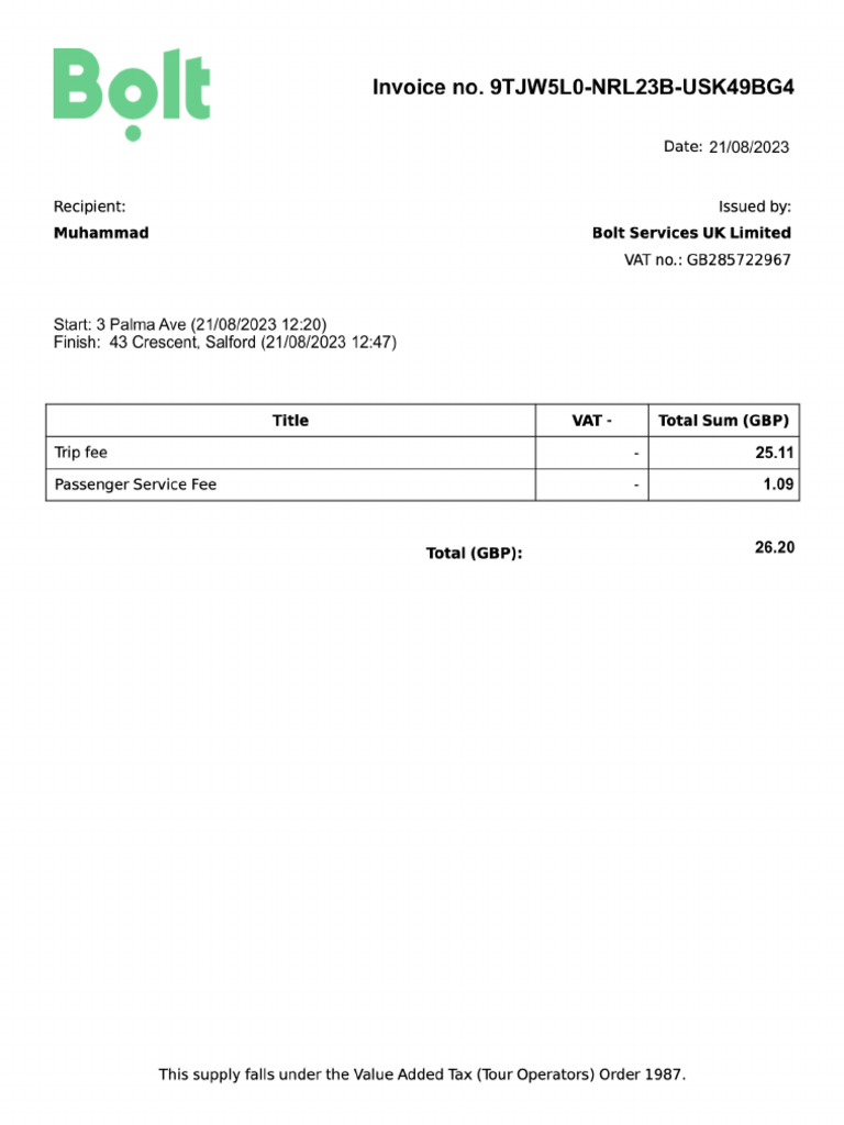 Ride Invoice From Bolt 3 Pdf