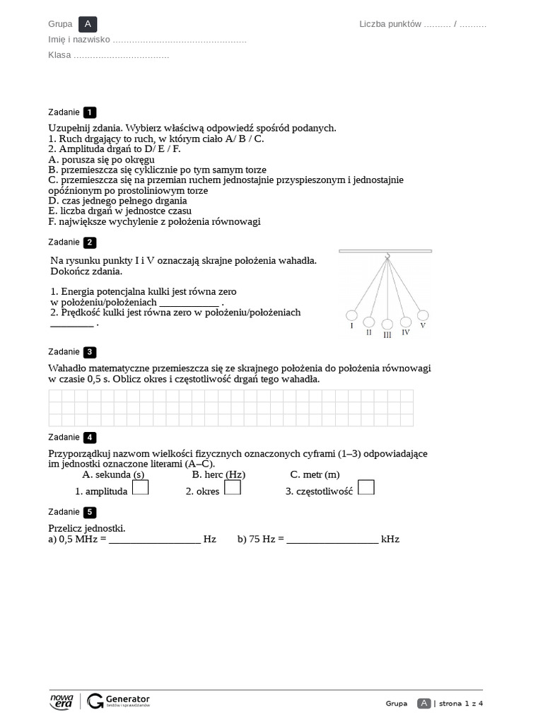 Sprawdzian Z Fizyki Klasa 8 Test-Drganiai fale klasa 8 ( fizyka) | PDF