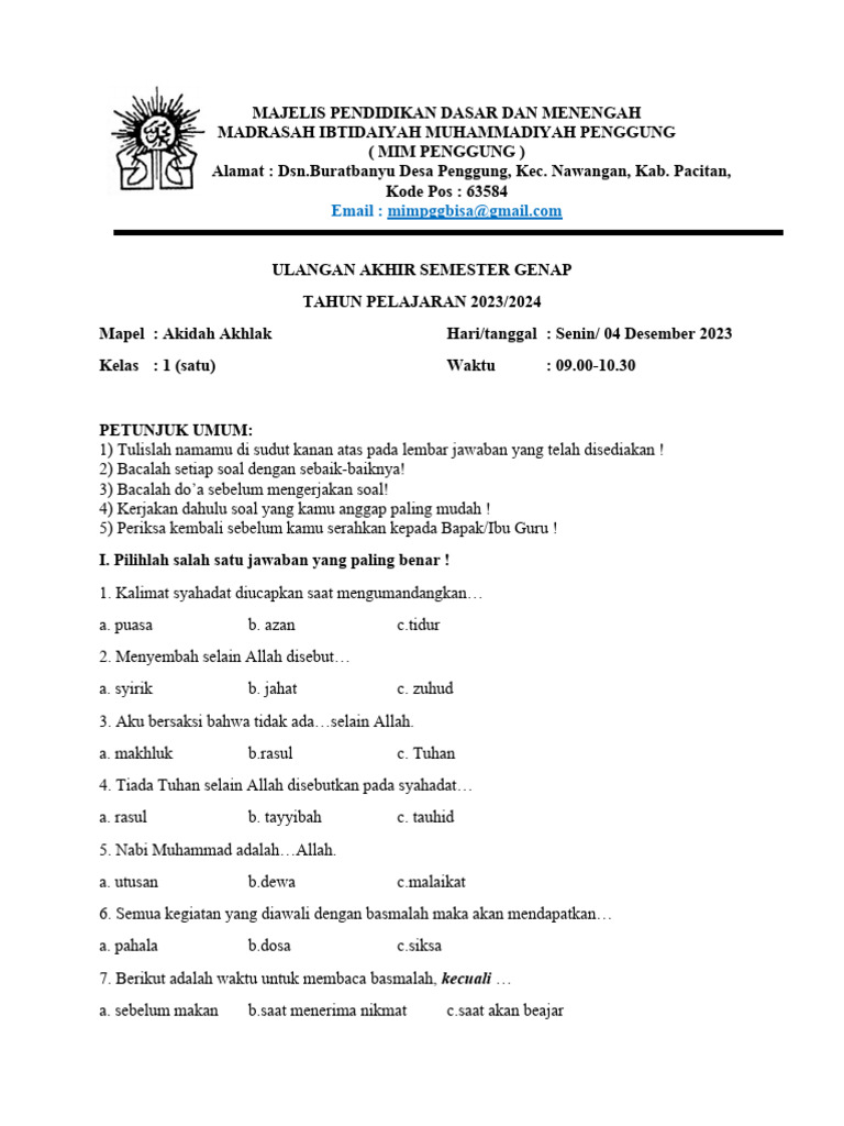 Menggali Kedalaman Akidah Akhlak: Contoh Soal UAS Kelas XI Semester 2 dan Pembahasannya