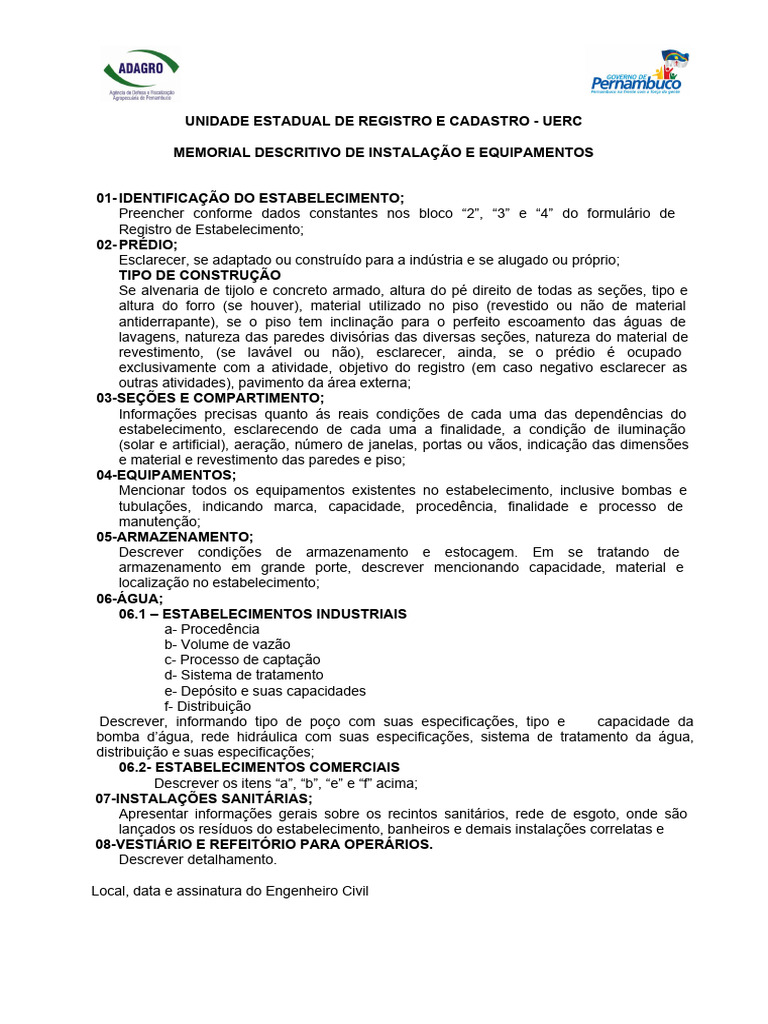 Memorial Descritivo de Instalações e Equipamentos | PDF