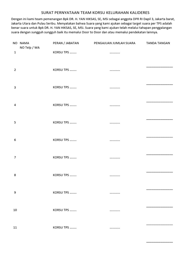 Surat Pernyataan Tim Pemenangan DPR RI | PDF | Olahraga & Rekreasi