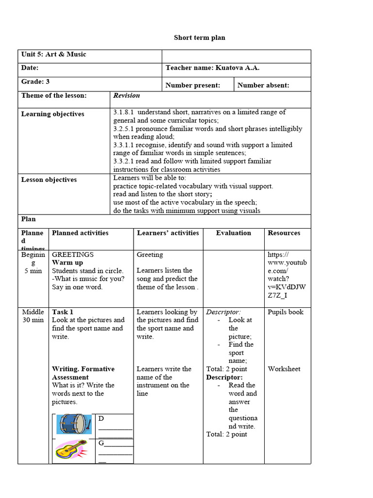 Art & Music Lesson Plan for Grade 3 | PDF | Pedagogy | Cognitive Science