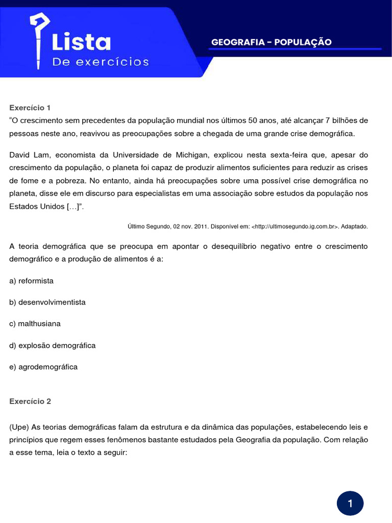 Exercícios sobre Teorias Demográficas | PDF | Crescimento populacional ...