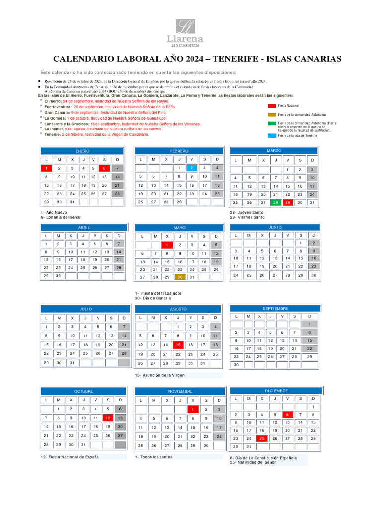 Calendario Laboral Tenerife 2024 | PDF | Islas Canarias | Fiestas ...