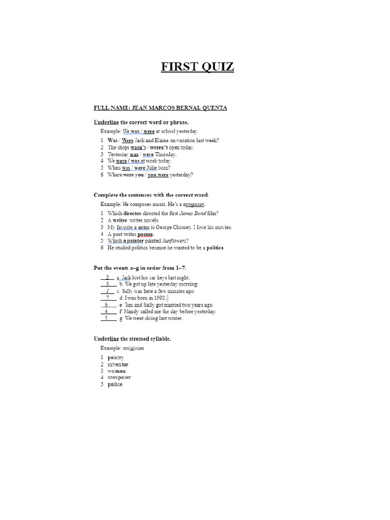 First Quiz 4th Cycle Pdf