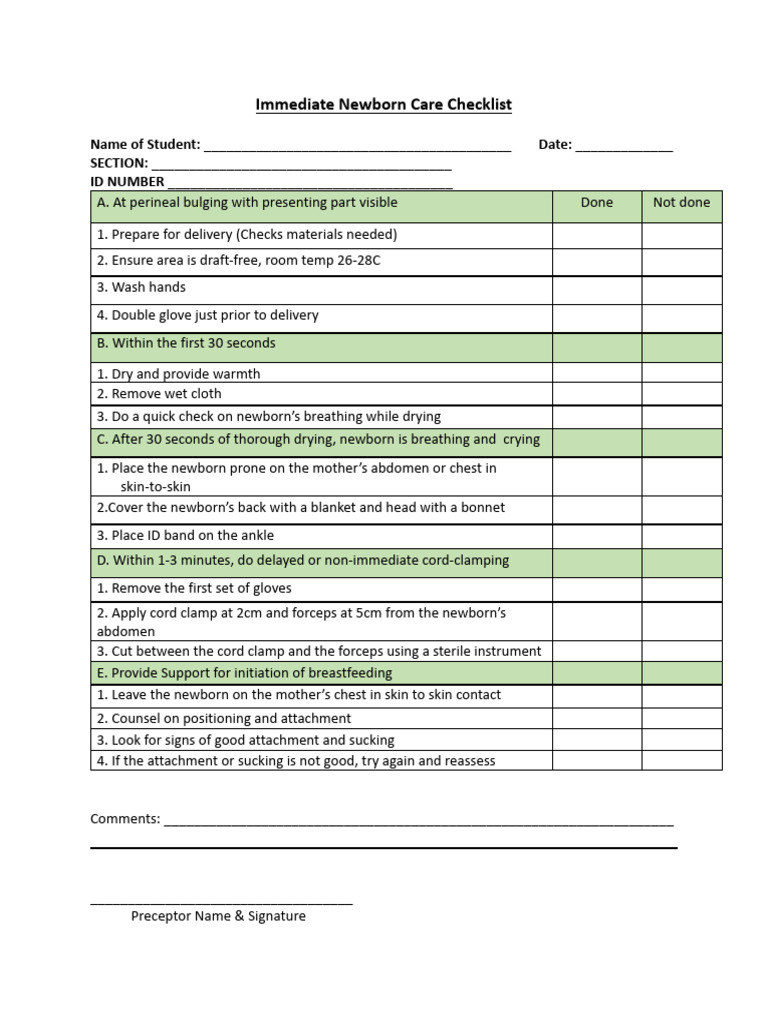 Immediate Newborn Care Checklist | PDF | Obstetrics | Human Life Stages