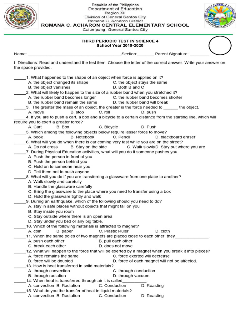 Grade 4 Science Periodic Test | PDF | Light | Sound