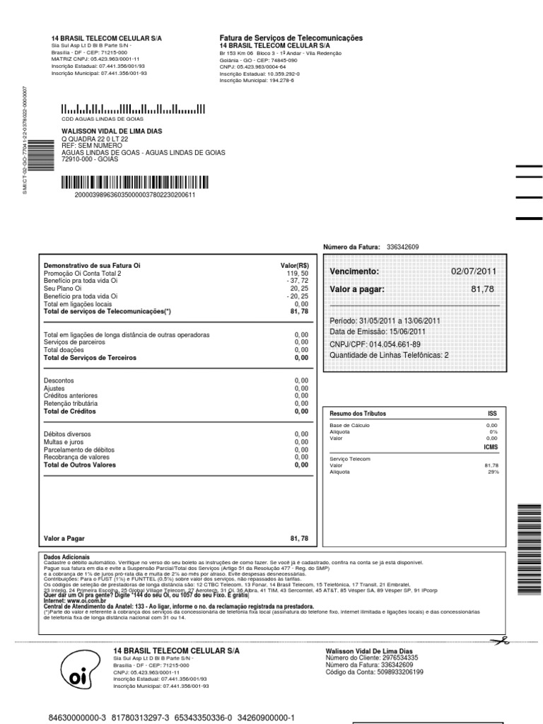Fatura Oi Telecom: Detalhes e Valores | PDF | Empresas | Empresas de ...