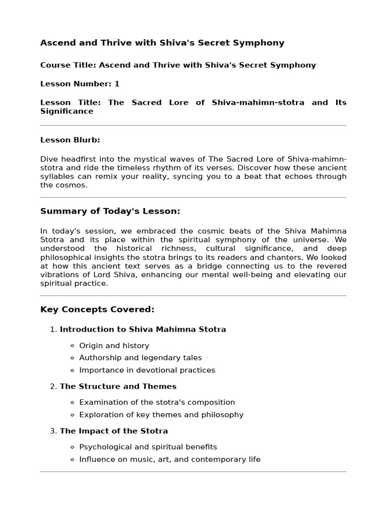Ascend and Thrive with Shiva #39 s Secret Symphony Lesson Worksheet PDF Ascend and Thrive with Shiva #39 s Secret Symphony Lesson Worksheet PDF