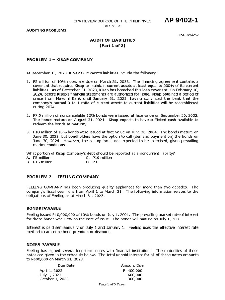 Auditing Liabilities: CPA Review Problems | PDF | Accounts Payable ...