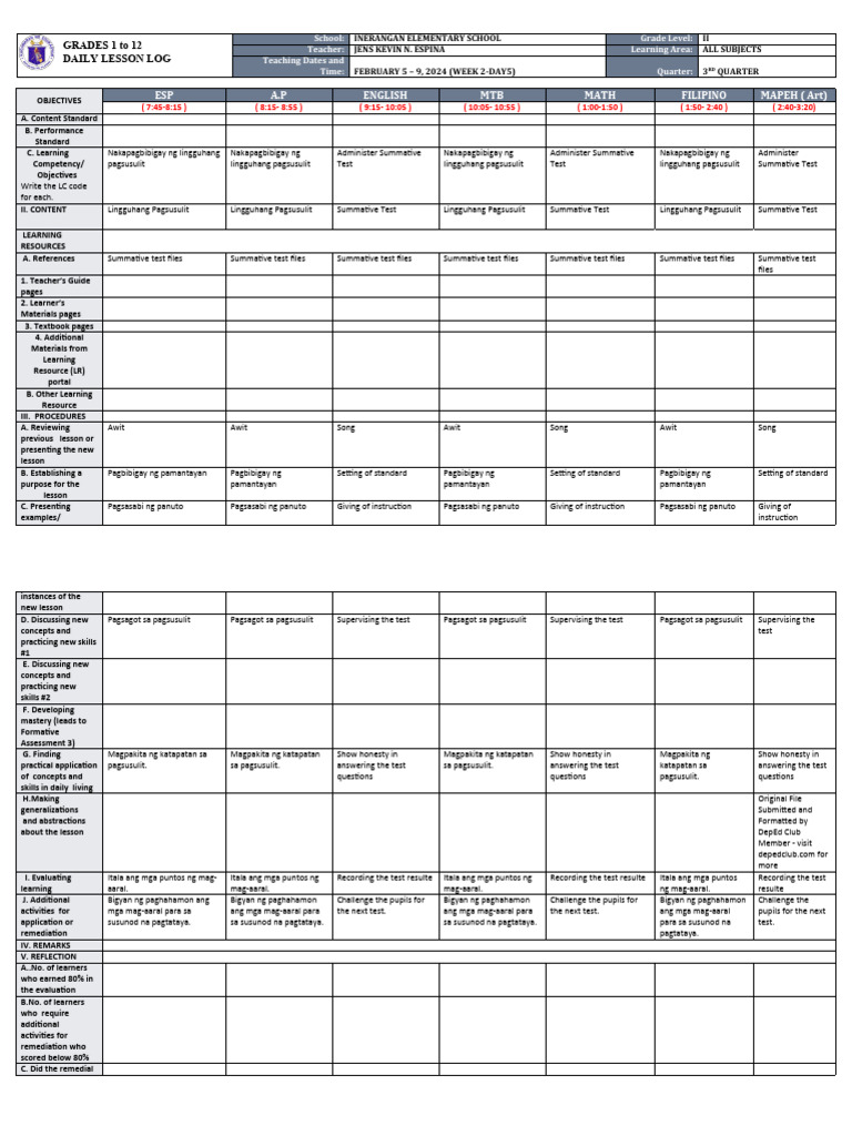 Daily Lesson Log for Grade 2 | PDF | Human Communication | Pedagogy