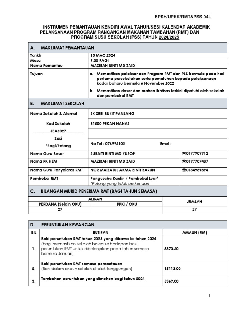 Pemantauan Program RMT dan PSS 2024 | PDF