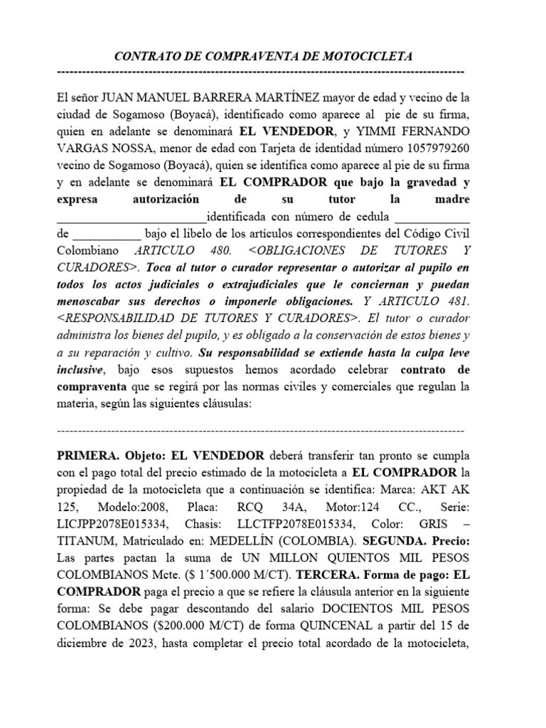 Contrato de Compra Venta Motocicleta (JUAN MANUEL B. Y YIMMI VARGAS ...