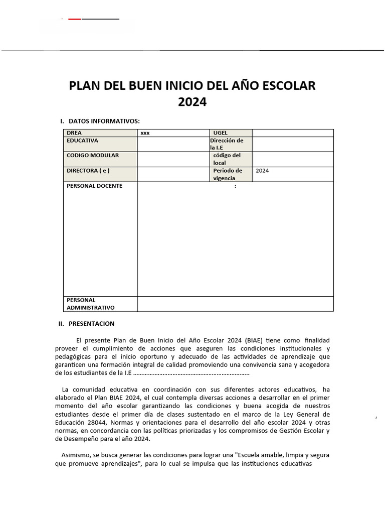 Plan de Buen Inicio Escolar 2024 | PDF | Educación primaria | Escuelas
