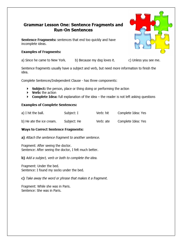 Grammar - Fragments and Run-On Sentences | PDF | Sentence (Linguistics ...