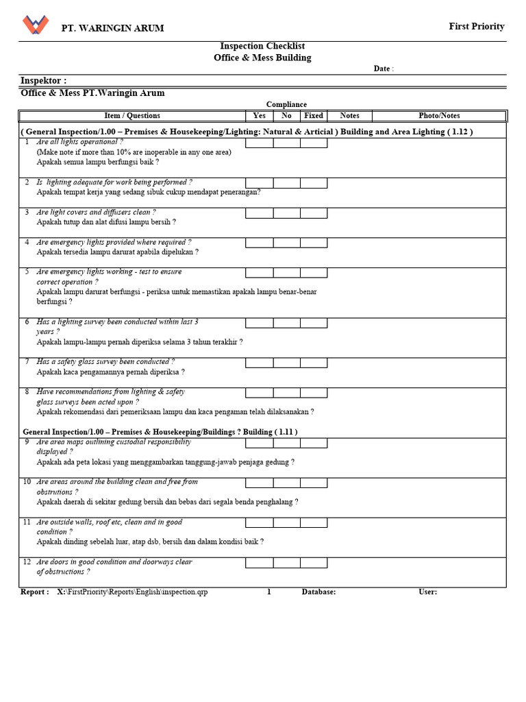 Office & Mess Building Inspection Checklist | PDF | First Aid ...